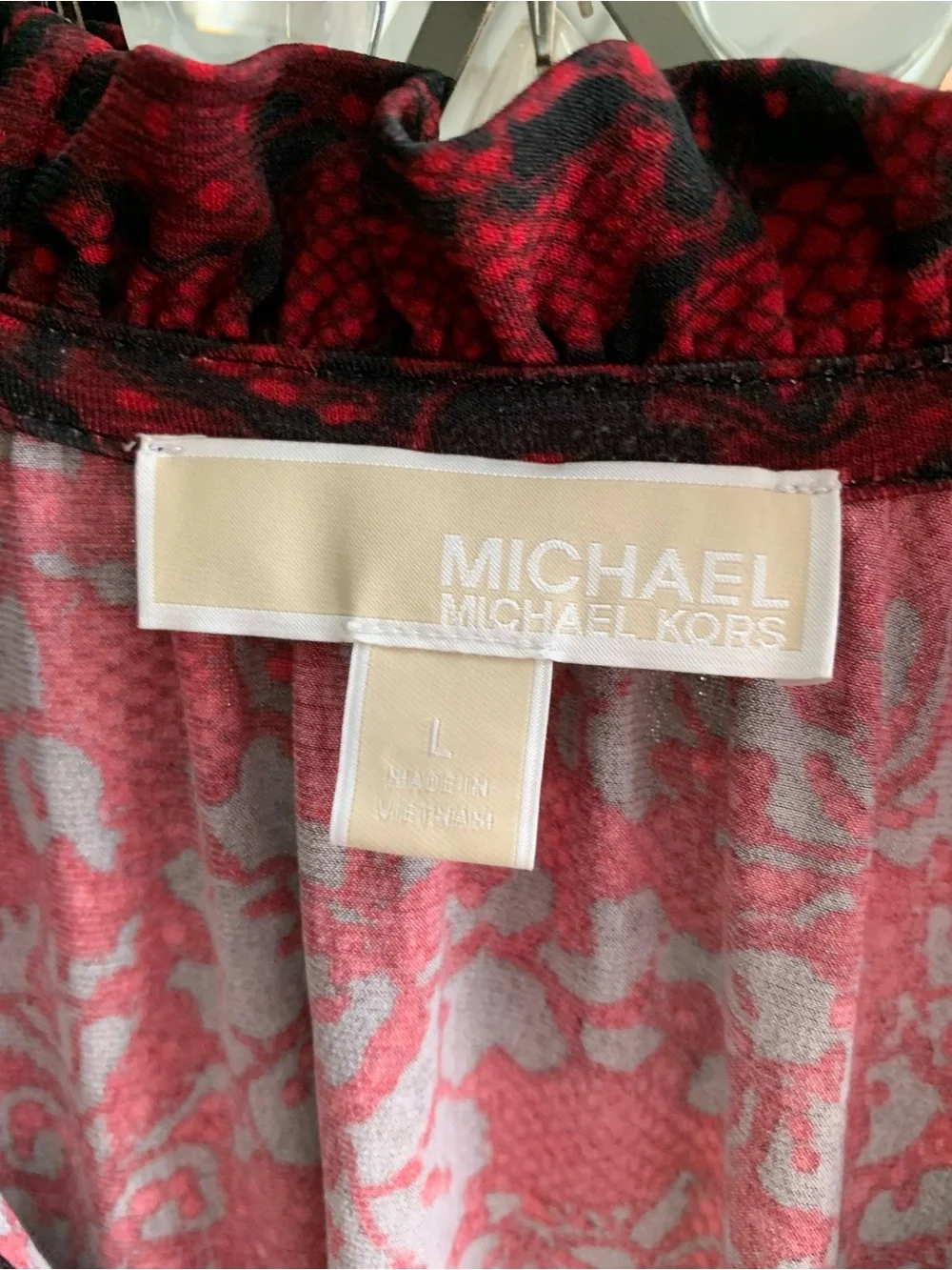 Michael Kors Red and Black Lace-Print V-Neck Long-Sleeve Blouse
